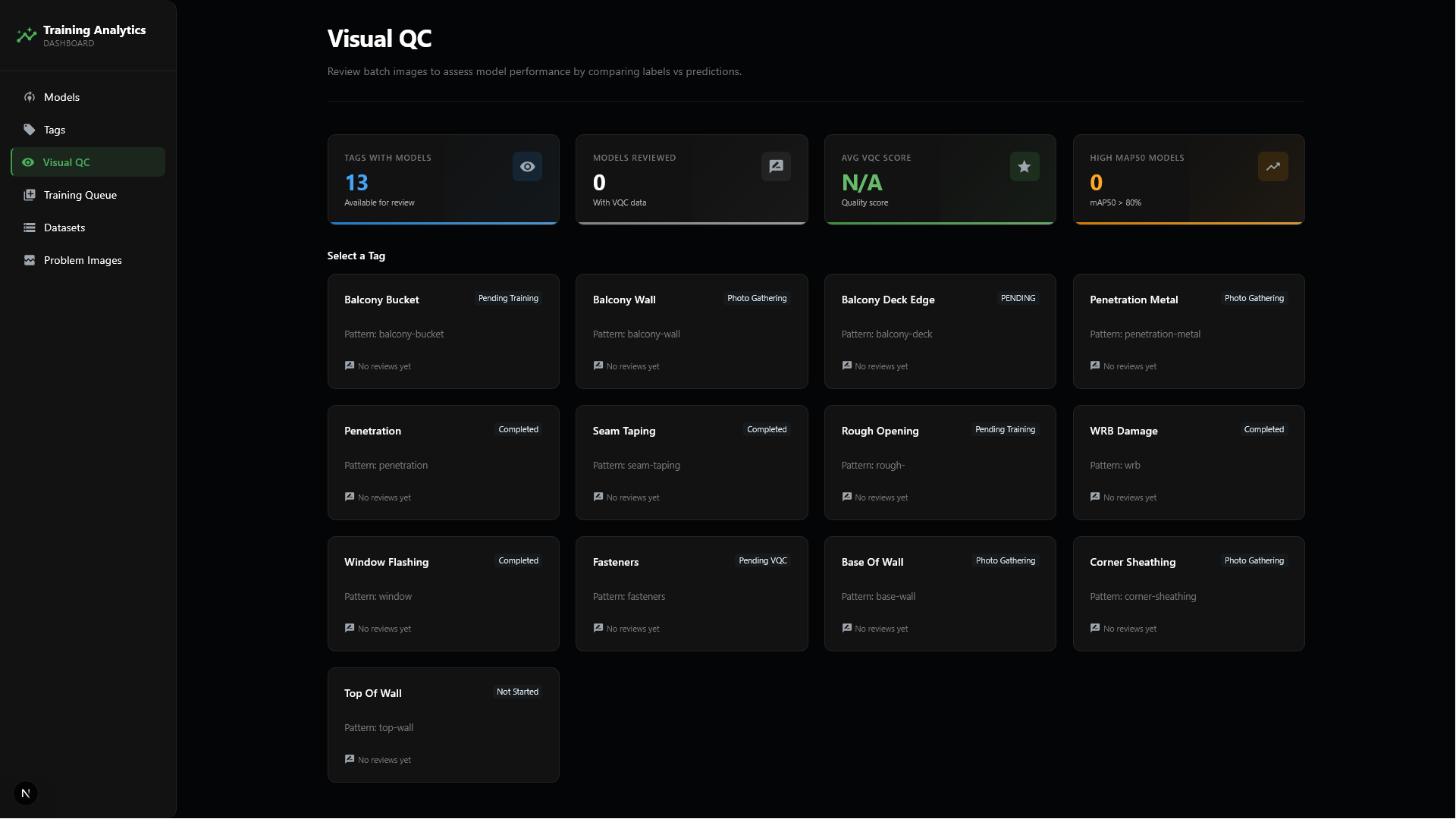 Visual QC tags page    
  showing tag cards with name, pattern, status, and VQC score