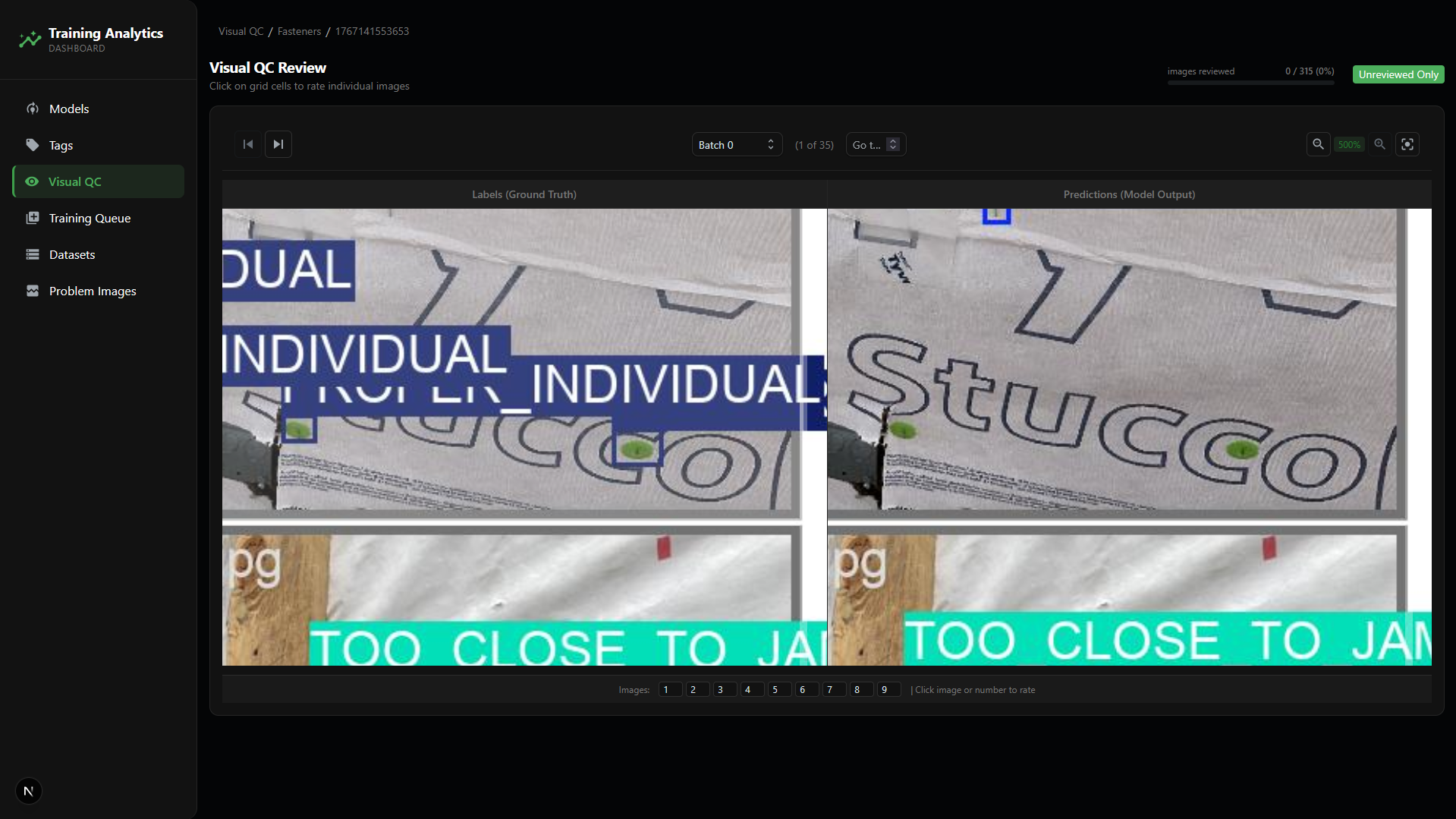 Zoomed-in view showing 
  both Labels and Predictions panels synchronized at the same zoom level and position