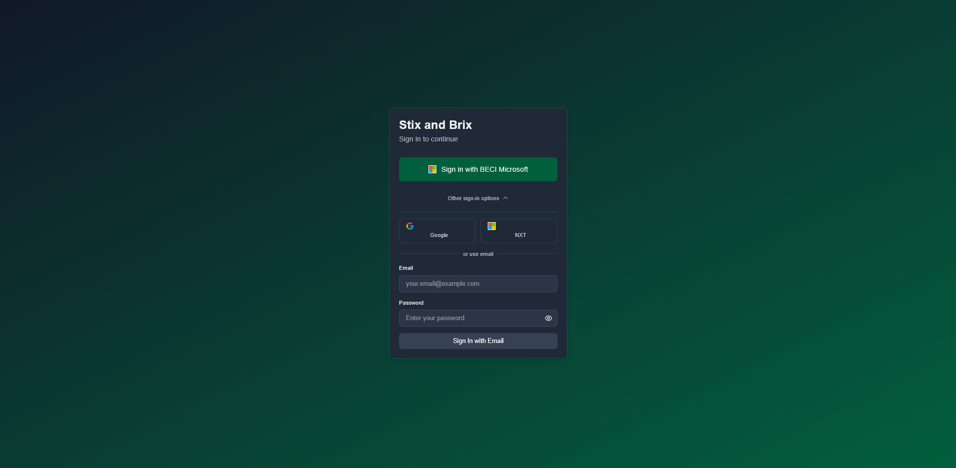 Stix and Brix login screen showing Microsoft SSO button, Google button, and email/password fields