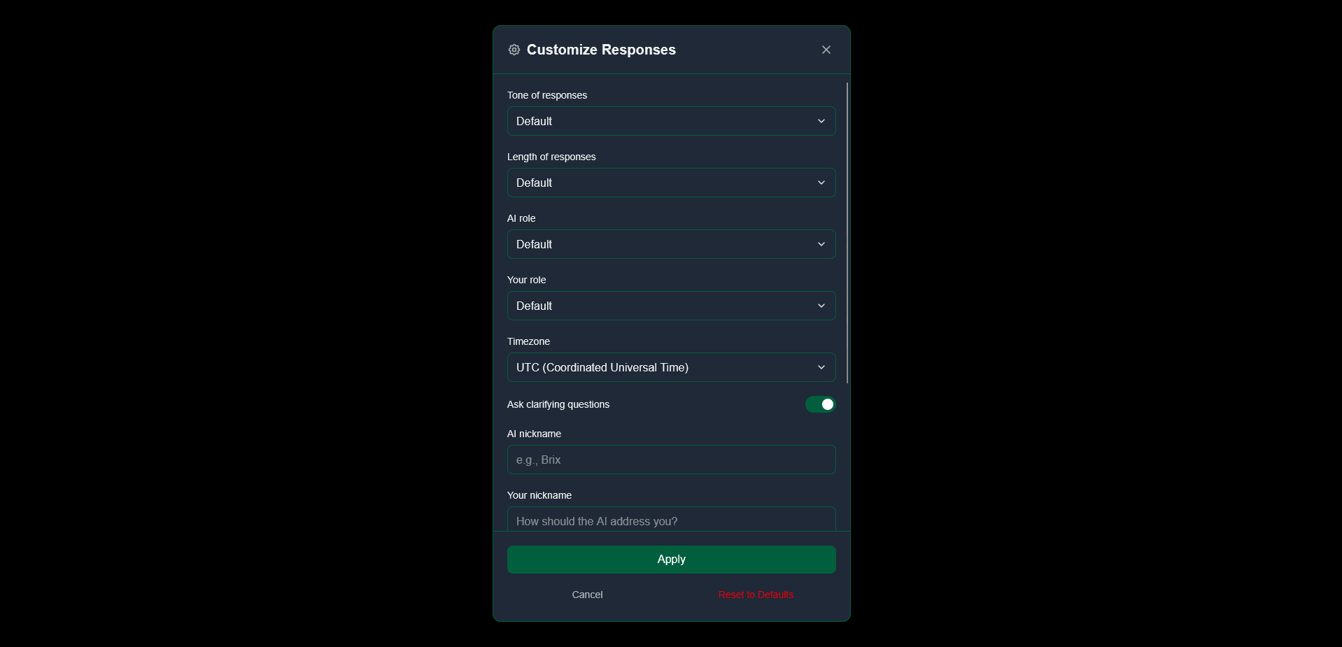 Customize Responses modal showing Model, Tone, Length, Role dropdowns and nickname fields