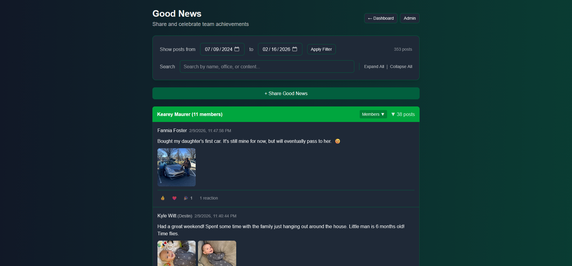 Good News page showing the group member list and a post creation form