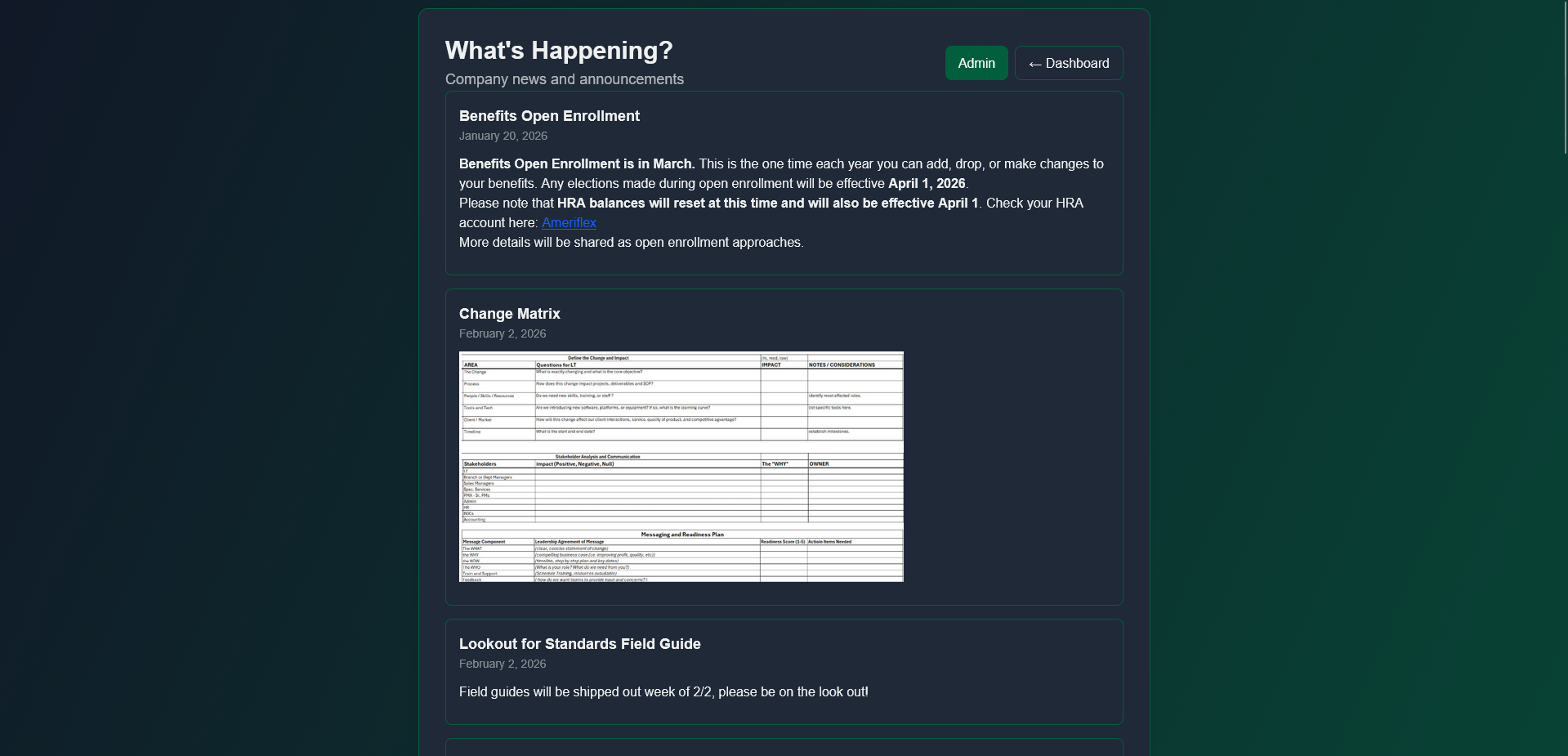What's Happening page showing a news feed with announcement cards