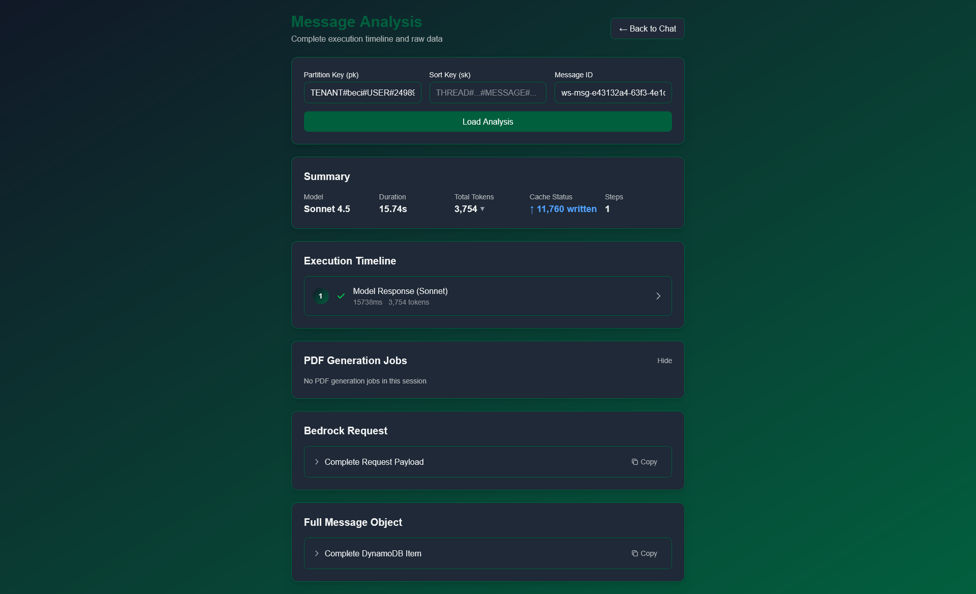 Admin Chat interface showing the enhanced diagnostics view with message analysis options