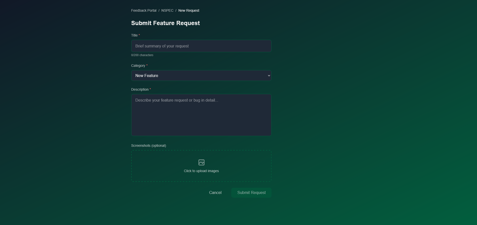 Submit Feature Request form showing Title, Description, and Category fields
