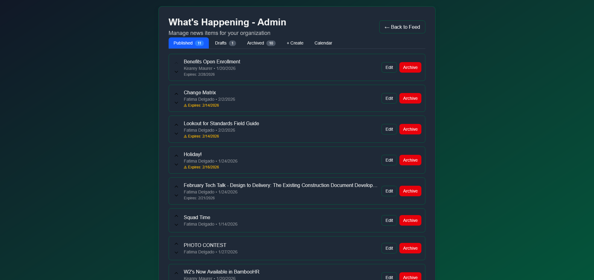 What's Happening Admin panel showing the list of announcements with edit, archive, and reorder controls