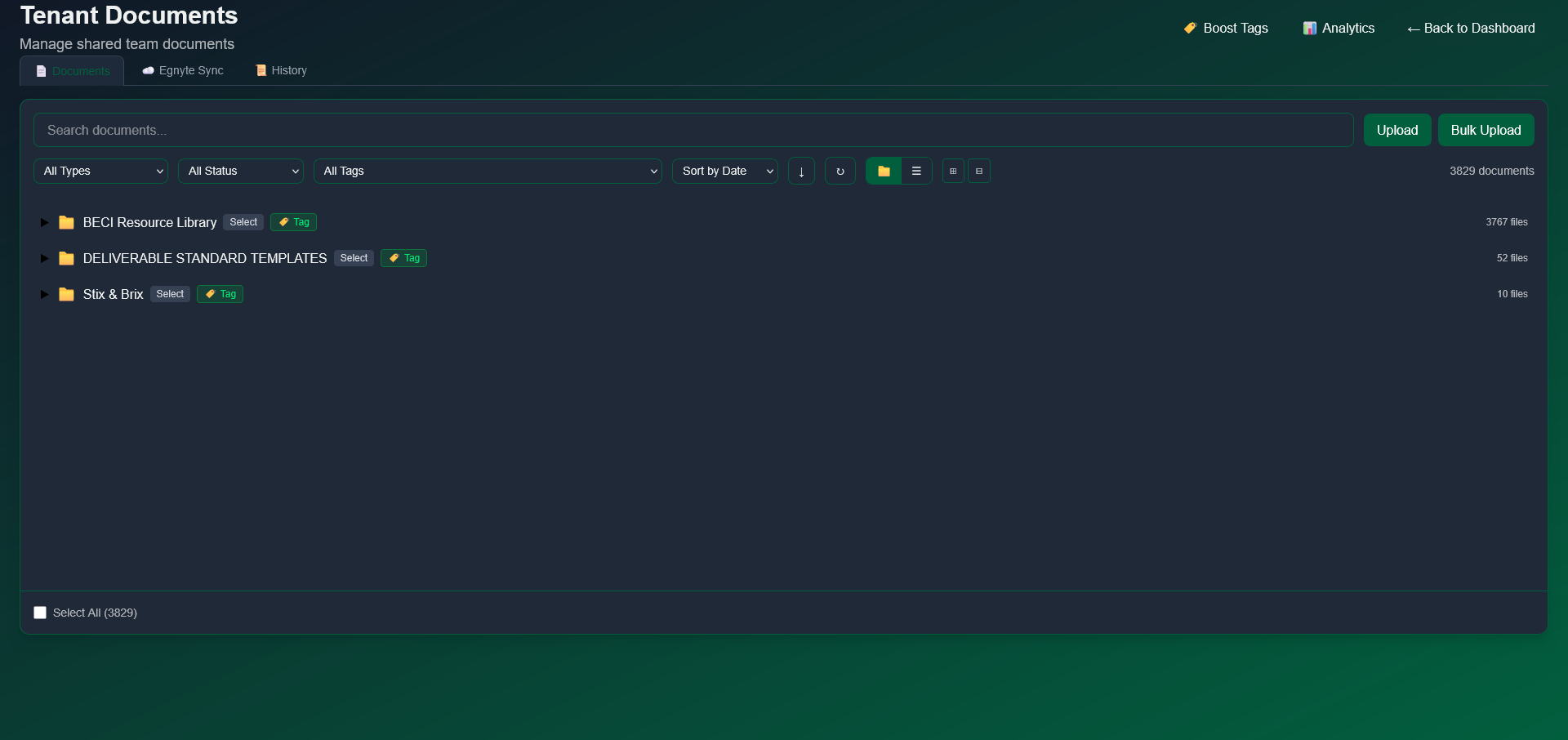 Document Library panel showing folder structure, filters, and Upload/Bulk Upload buttons