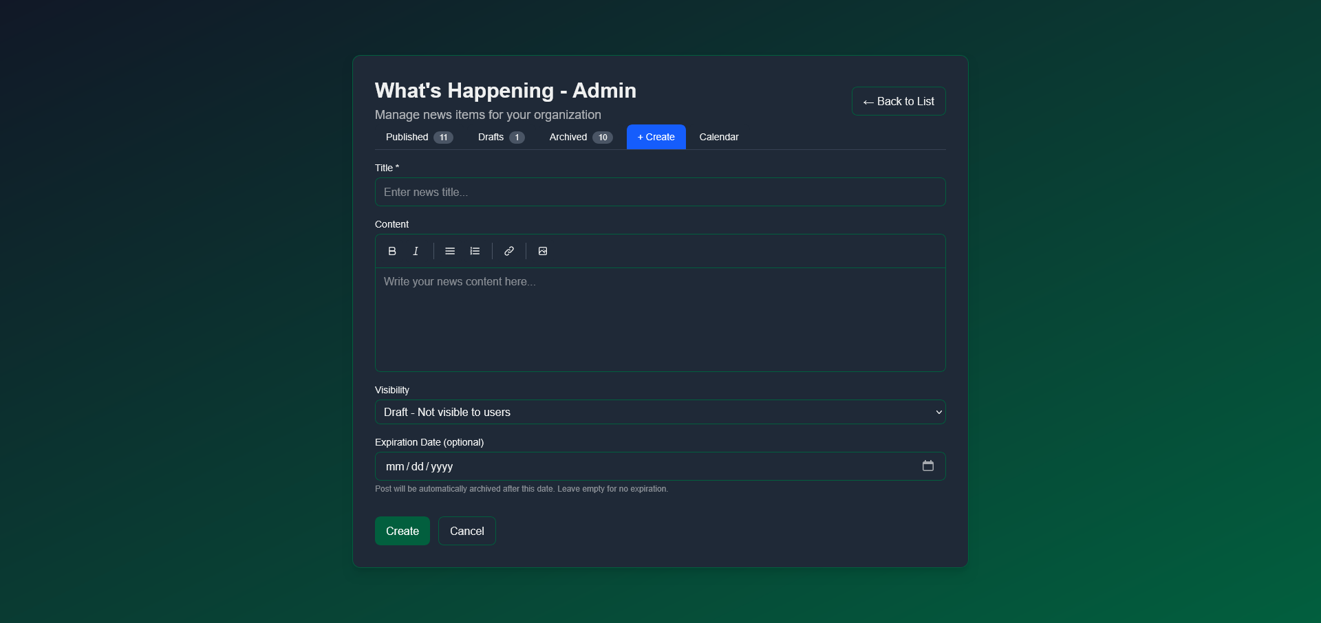 Create announcement form showing Title, Content editor, Image upload, and Expiration Date fields