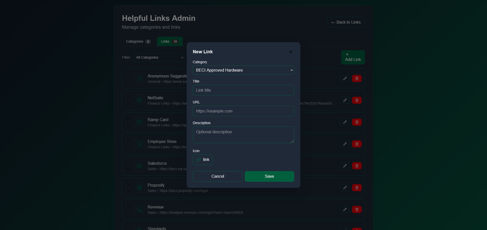 Add Link form showing Title, URL, Category, Icon, and Description fields