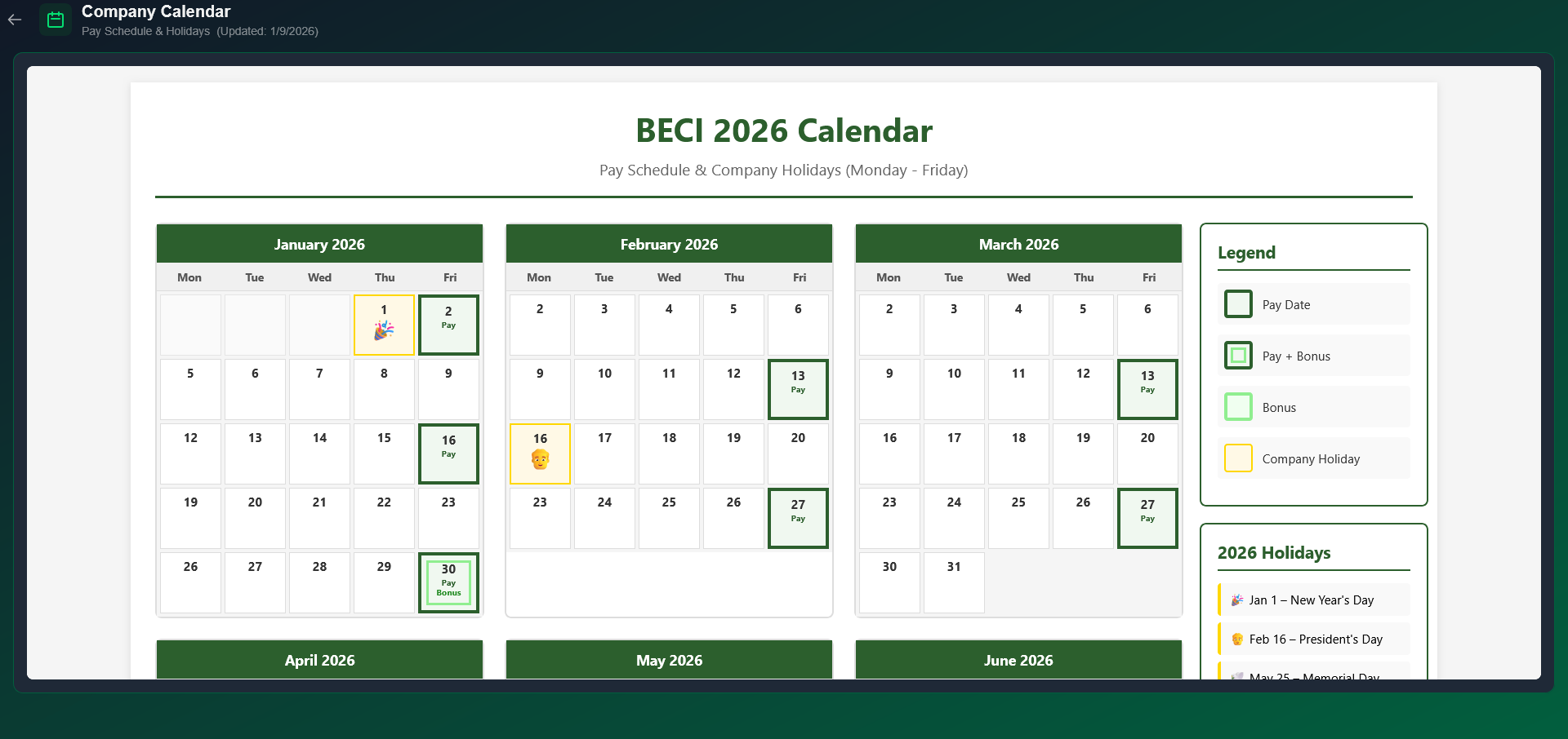 Calendar admin view showing the calendar editor with entries for holidays and pay dates