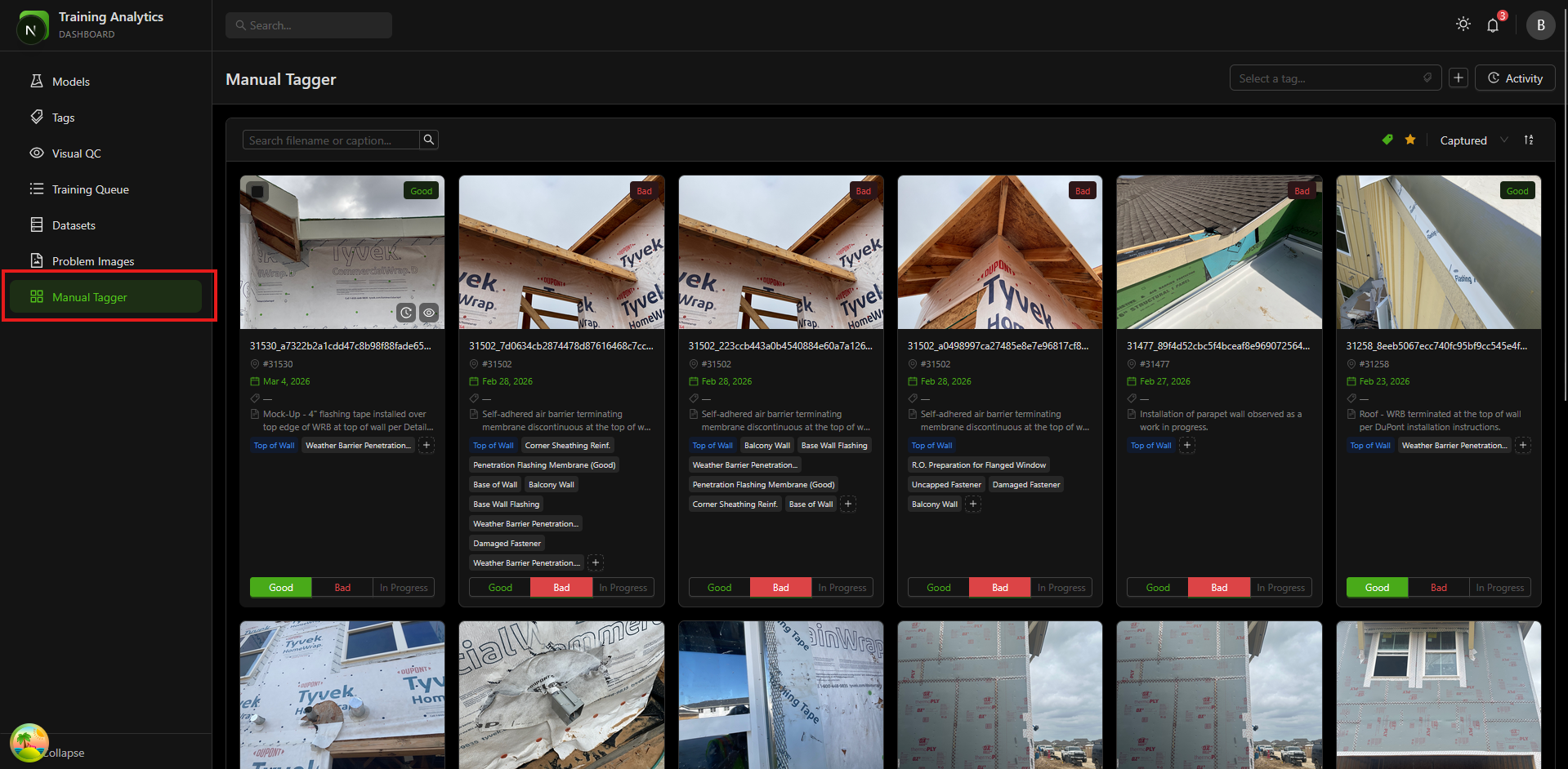 Analytics dashboard sidebar with Manual Tagger highlighted