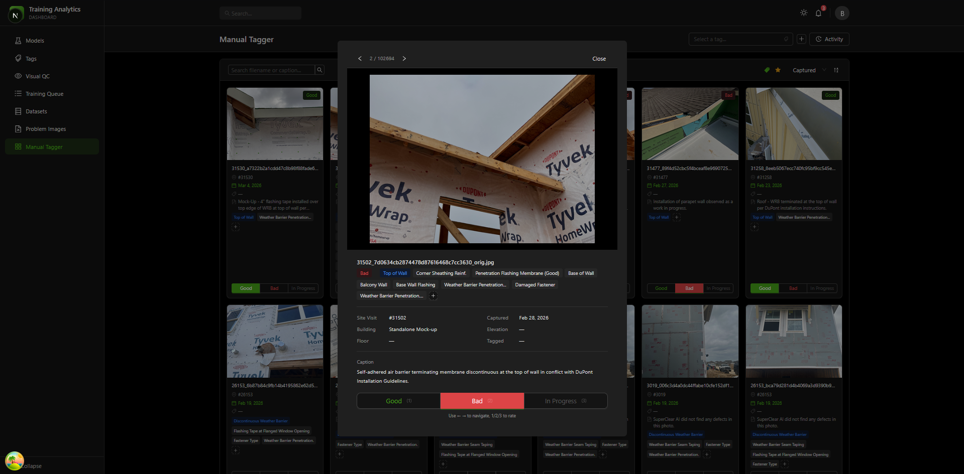 Image review modal showing full image, metadata, tags, and quality buttons