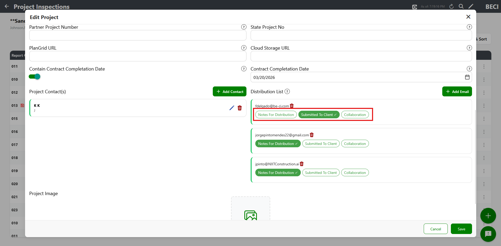 Distribution List section showing email cards with per-card tag buttons