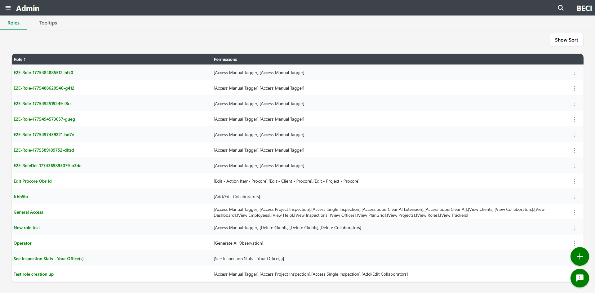 Admin screen Roles tab showing list of existing roles