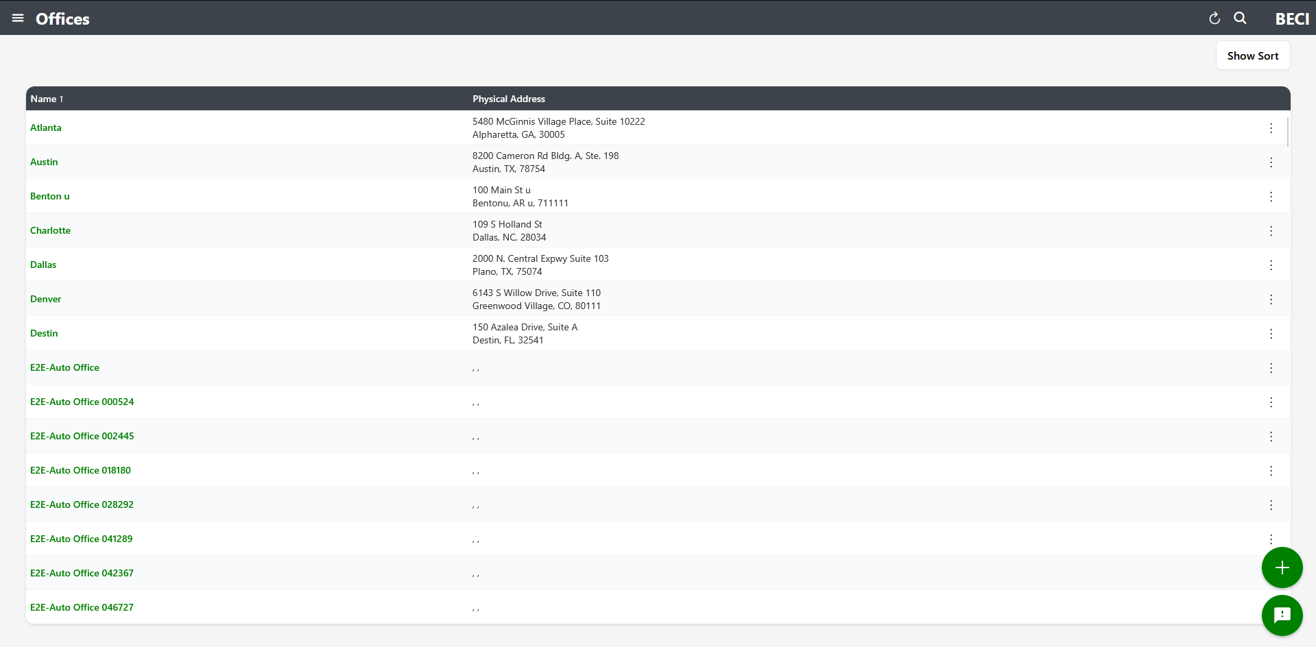 Offices screen showing Name and Physical Address columns