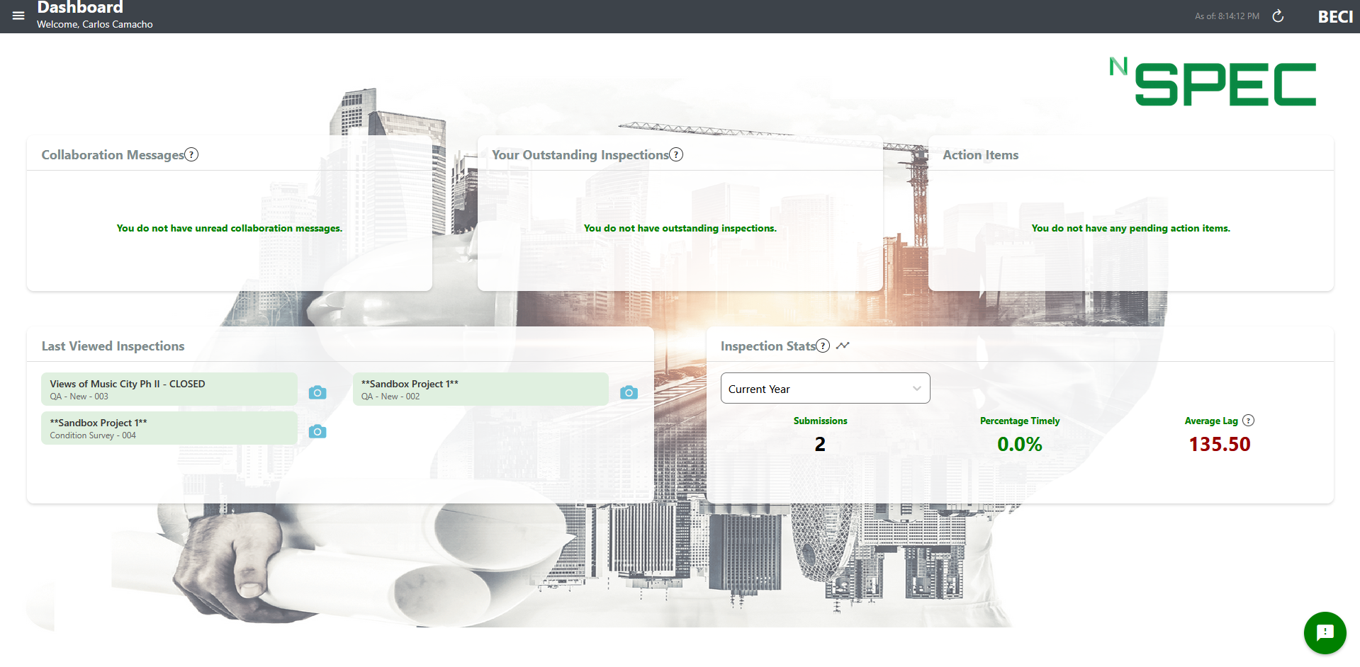 nSpec dashboard showing inspection and action item cards
