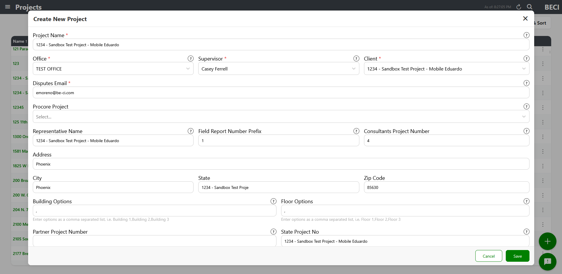 Create Project modal with required fields filled in