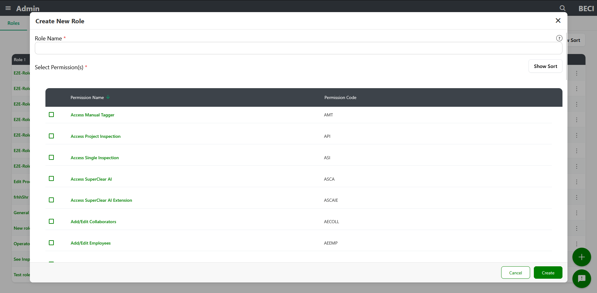 Add Role form with role name and permissions checkboxes