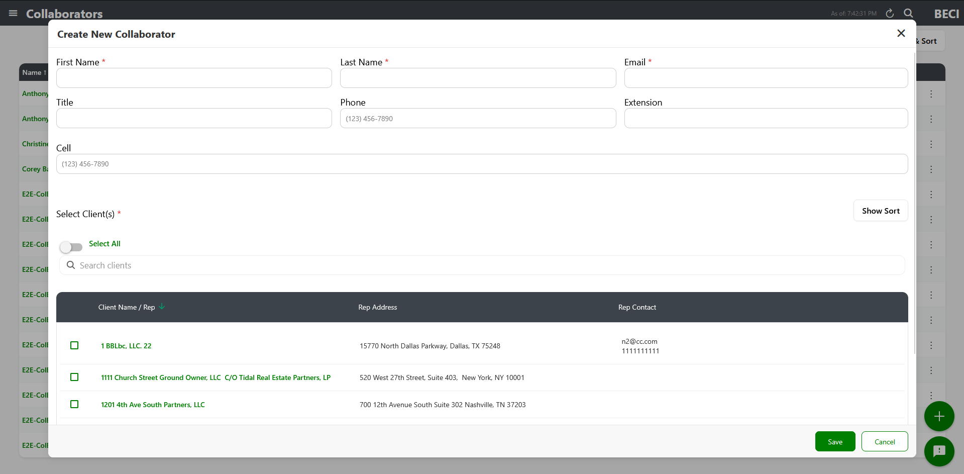 Create Collaborator modal showing contact fields and client-project selection