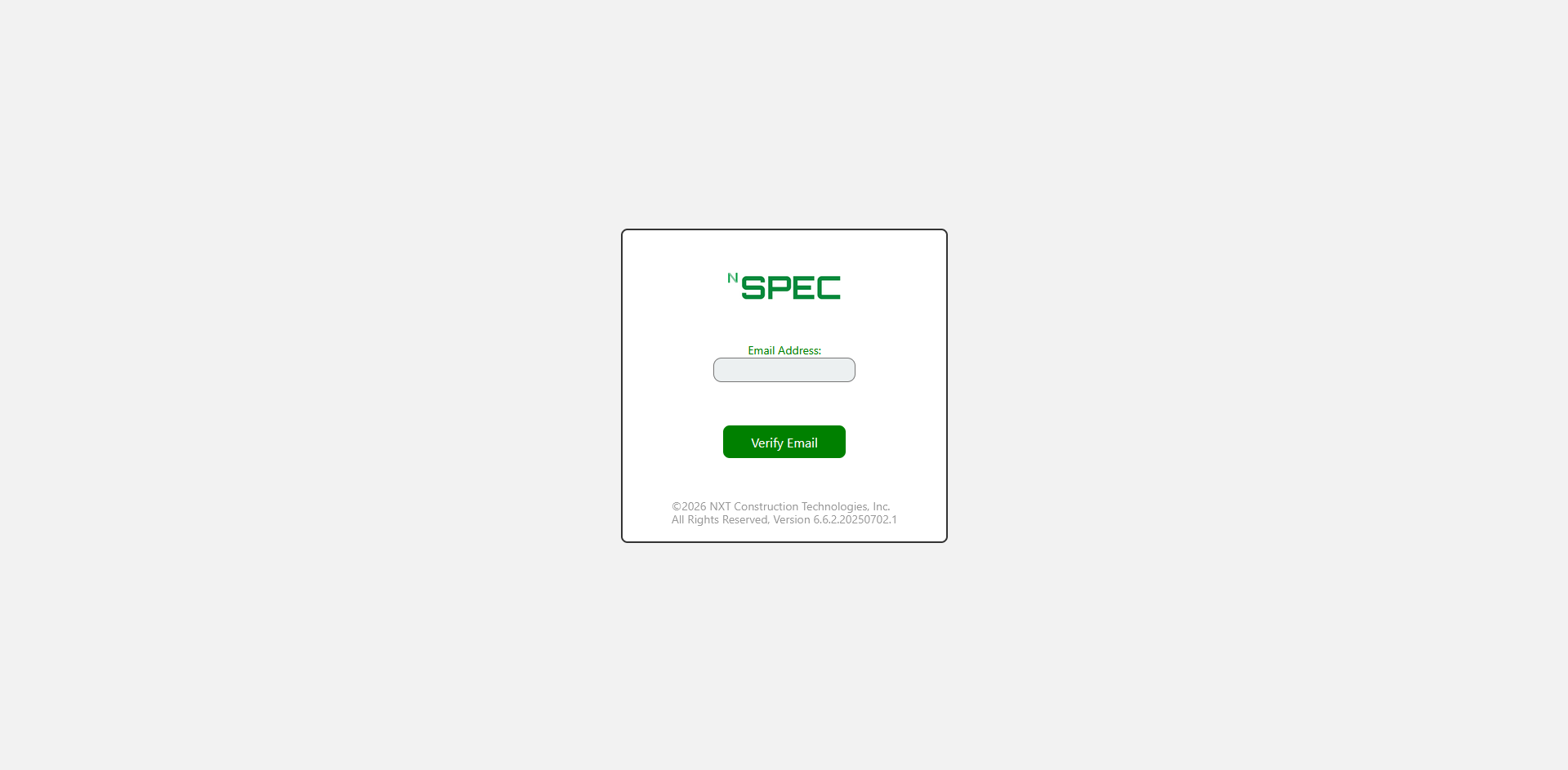 nSpec sign-in screen with email field and Verify Email button
