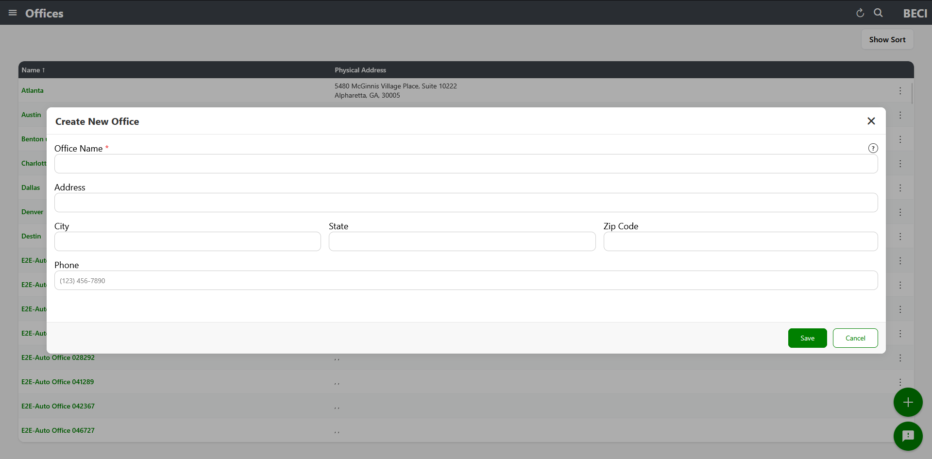 Create Office modal with sample data filled in