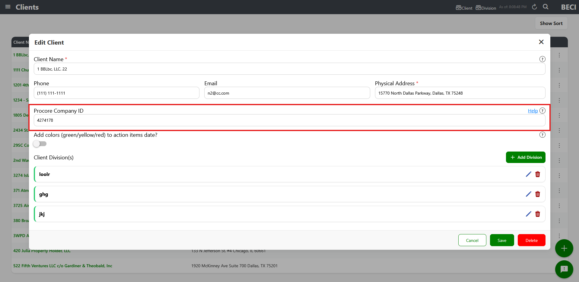 Edit Client modal with Procore Company ID field