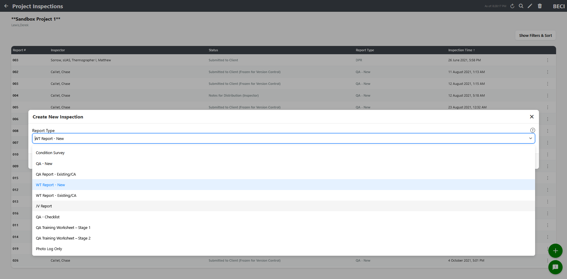 Create Inspection modal with date, inspector, report type, and weather fields