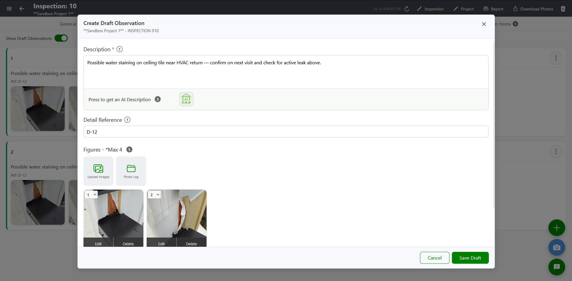 Add Draft Observation modal with text field and photo slots