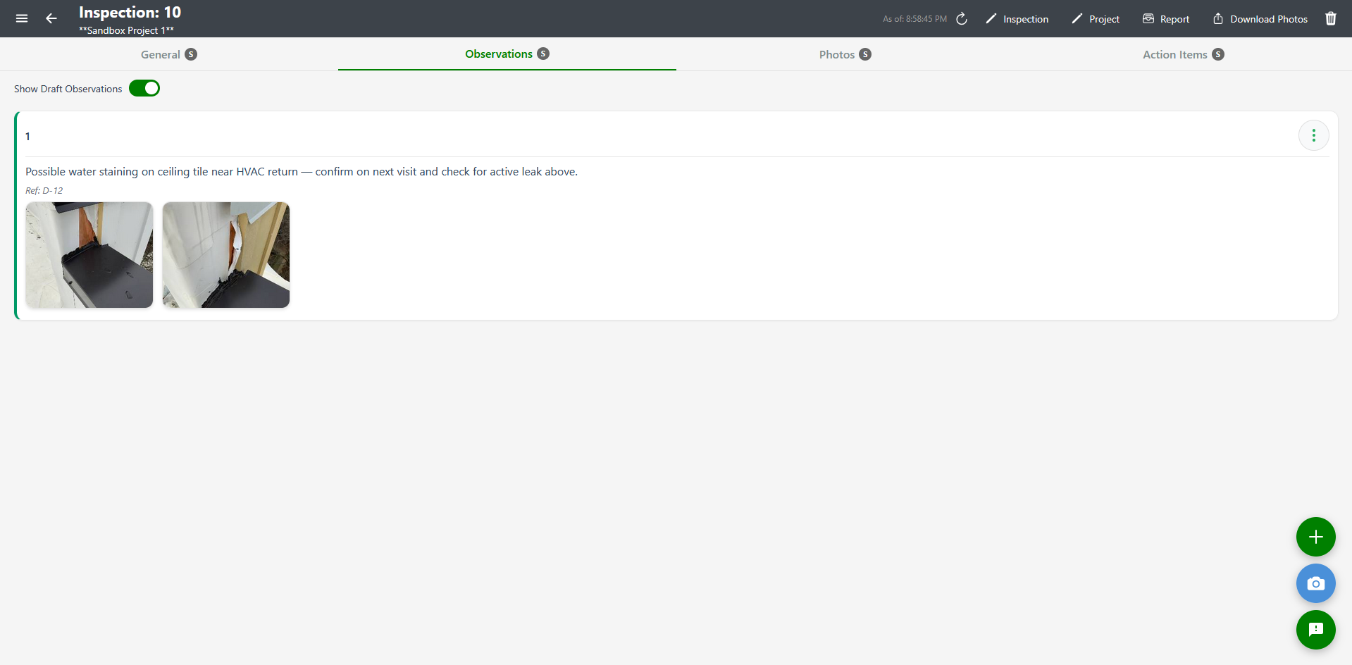 Observations tab with Show Draft Observations toggle ON