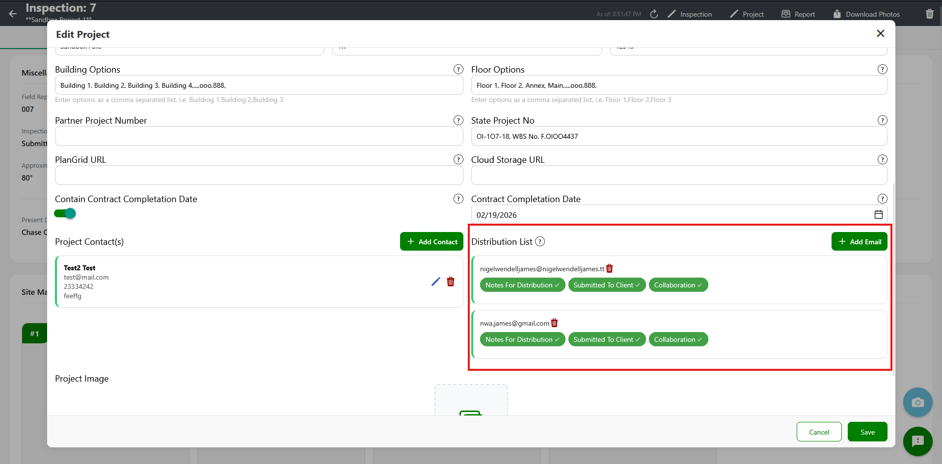 Distribution List section with Add Email button and email cards with tag buttons