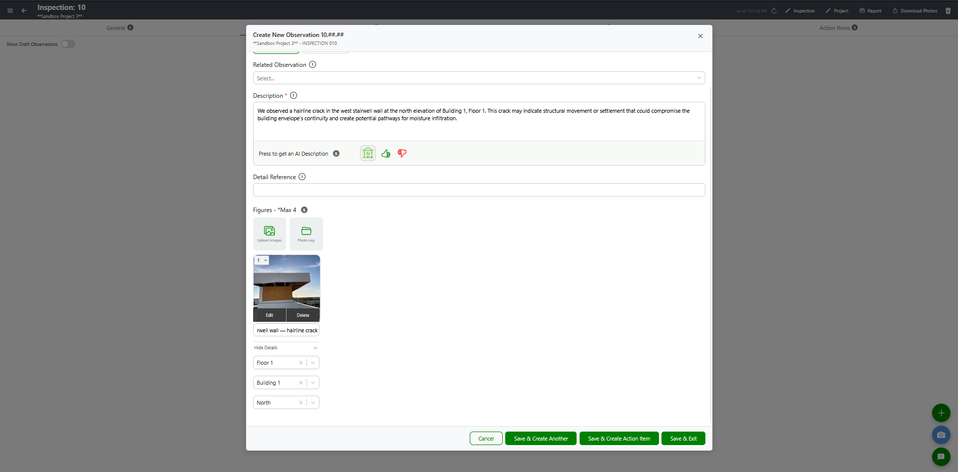 Add Observation modal with photo slots, captions, and building-floor-elevation dropdowns