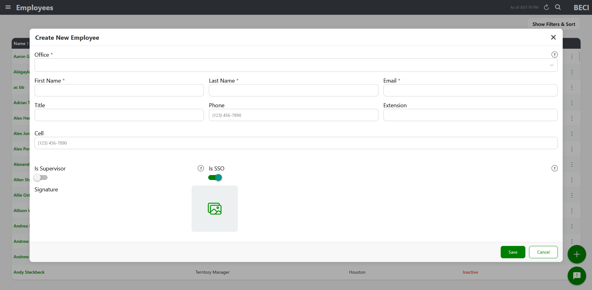 Create Employee modal with Office, Name, Email, and Is Supervisor checkboxes