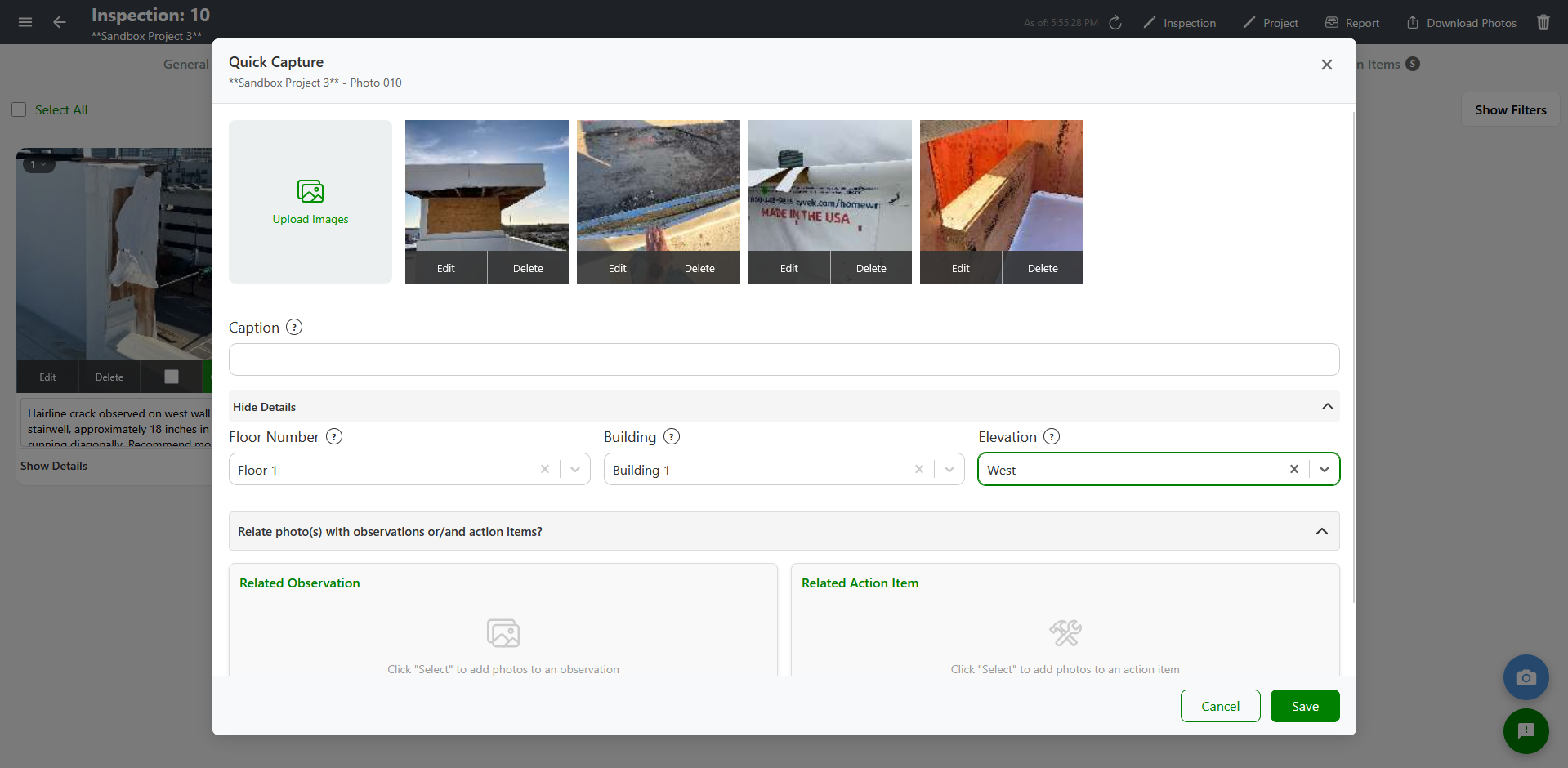 Quick Capture modal with photo gallery and metadata fields
