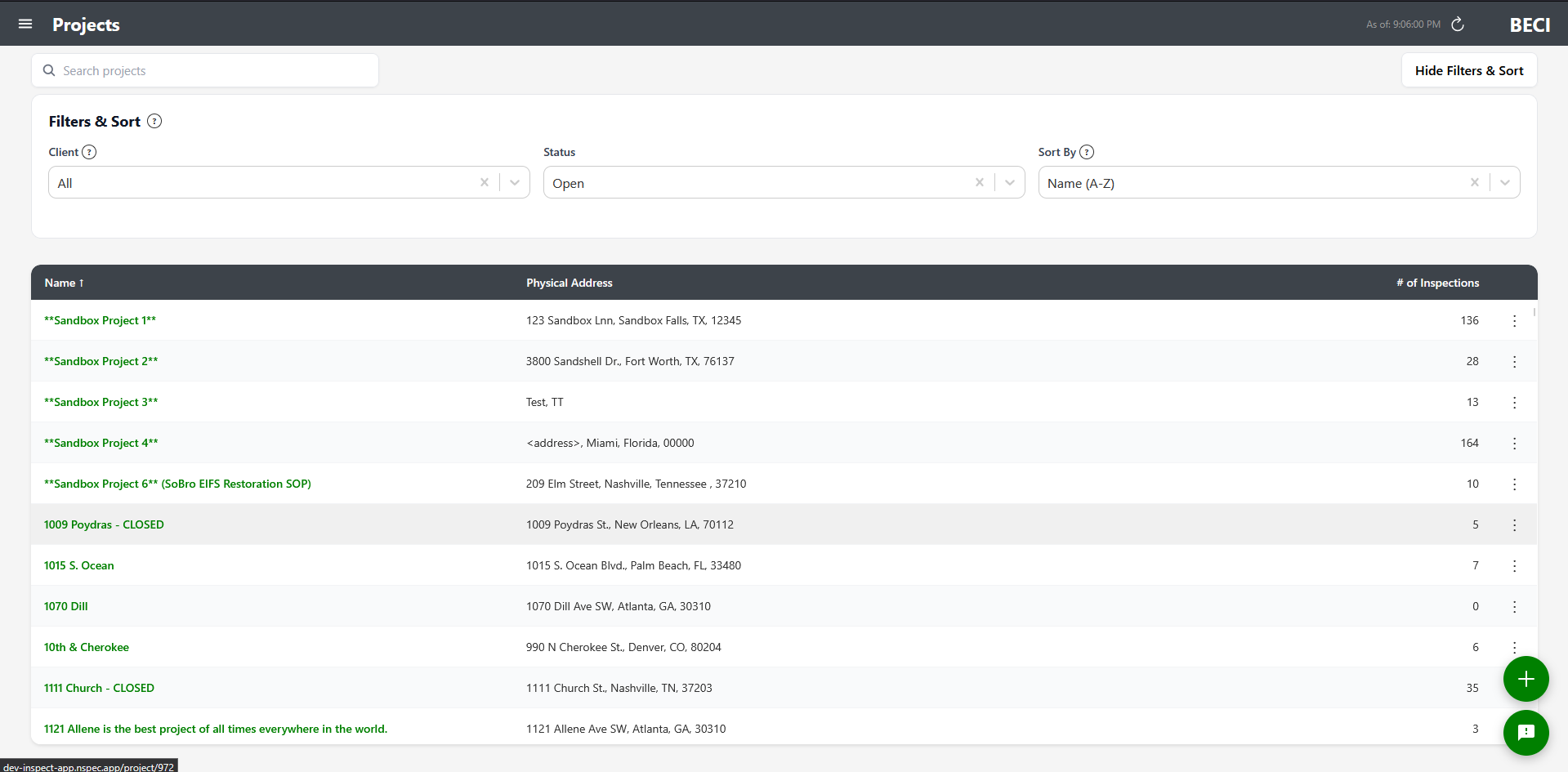 Projects screen with search, filters, project list, and floating action button