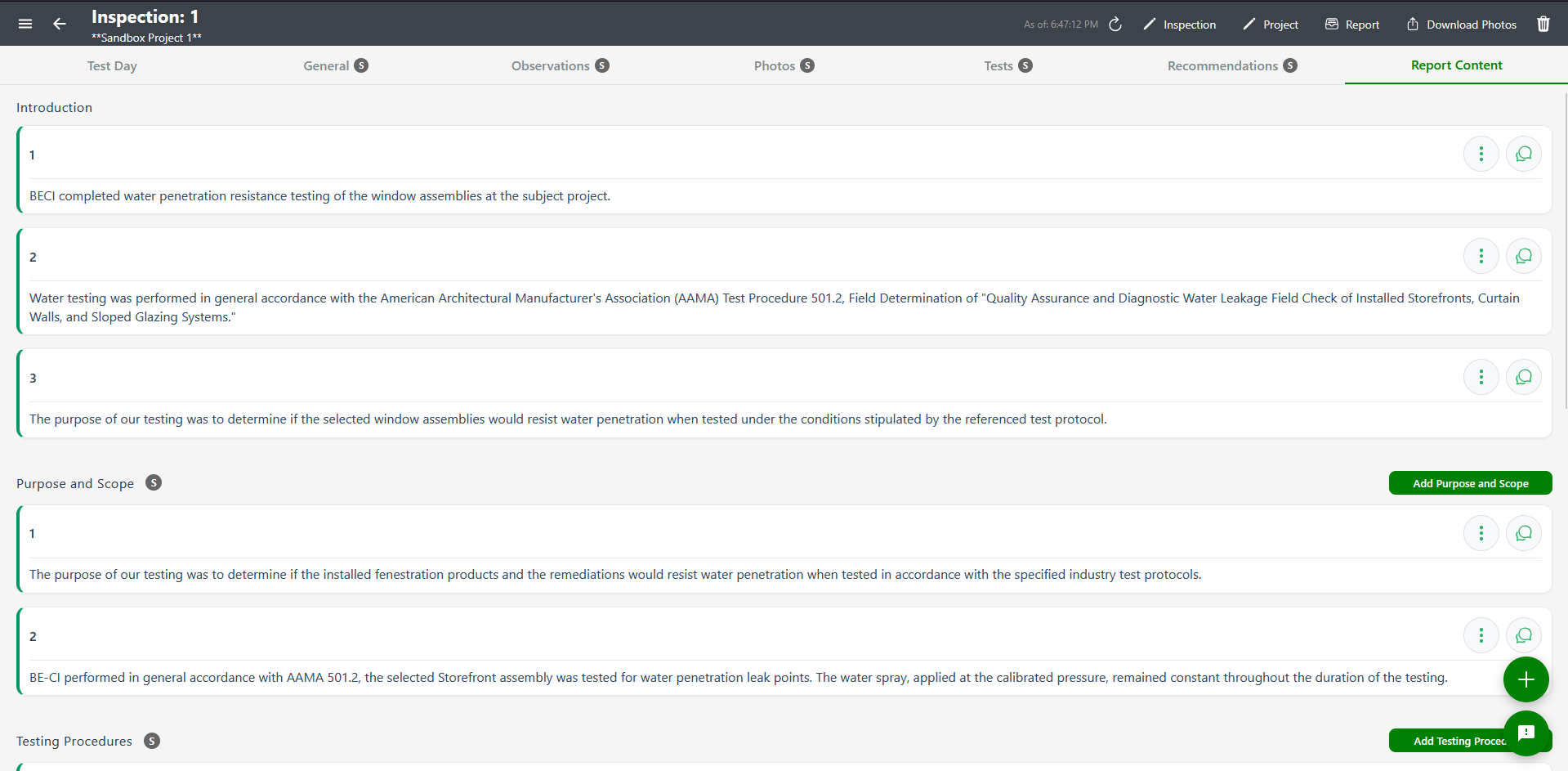 Report Content tab showing content items with types and numbering