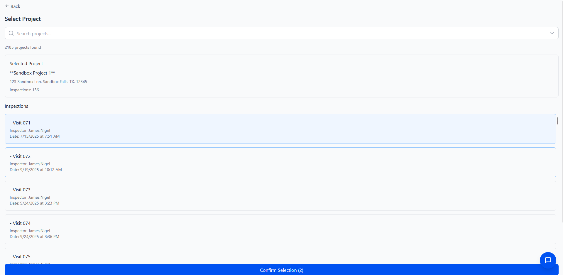Create New Inspection modal with Project, Inspection Name, and Date fields