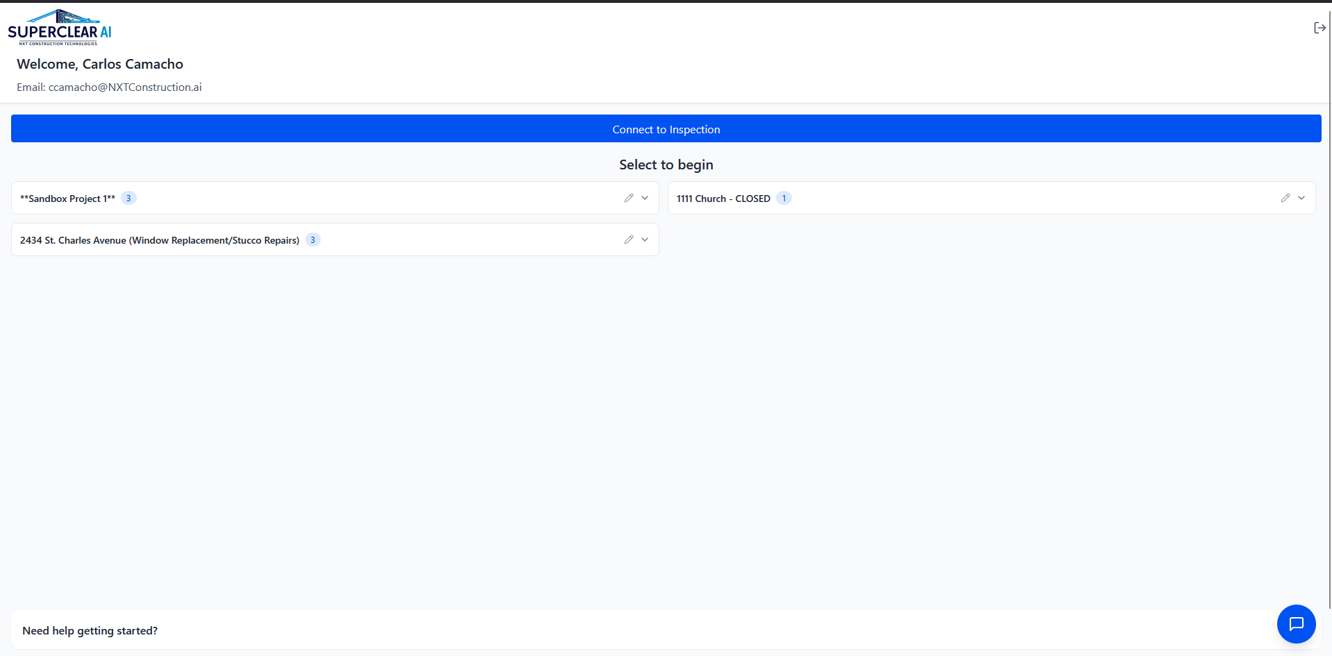 SuperClear AI dashboard with welcome banner, Connect to Inspection button, and project groups