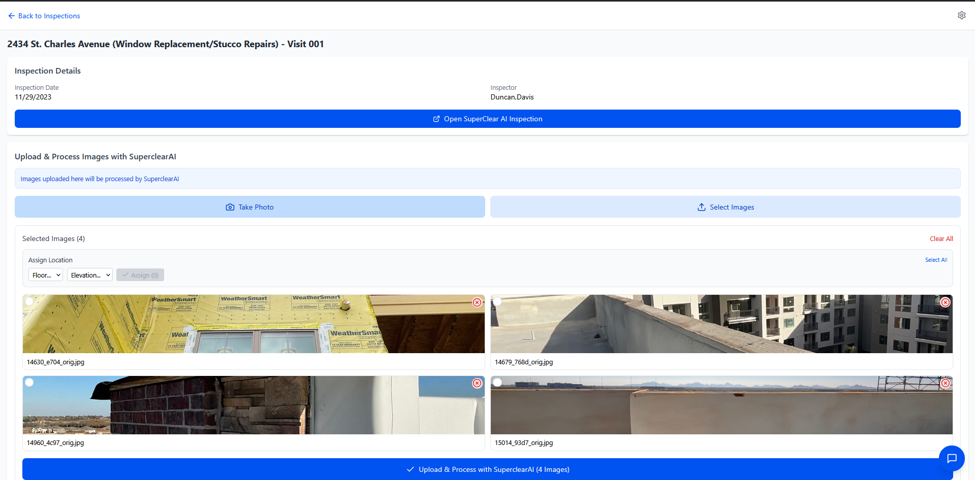 Upload screen with Take Photo, Select Images buttons and photo grid