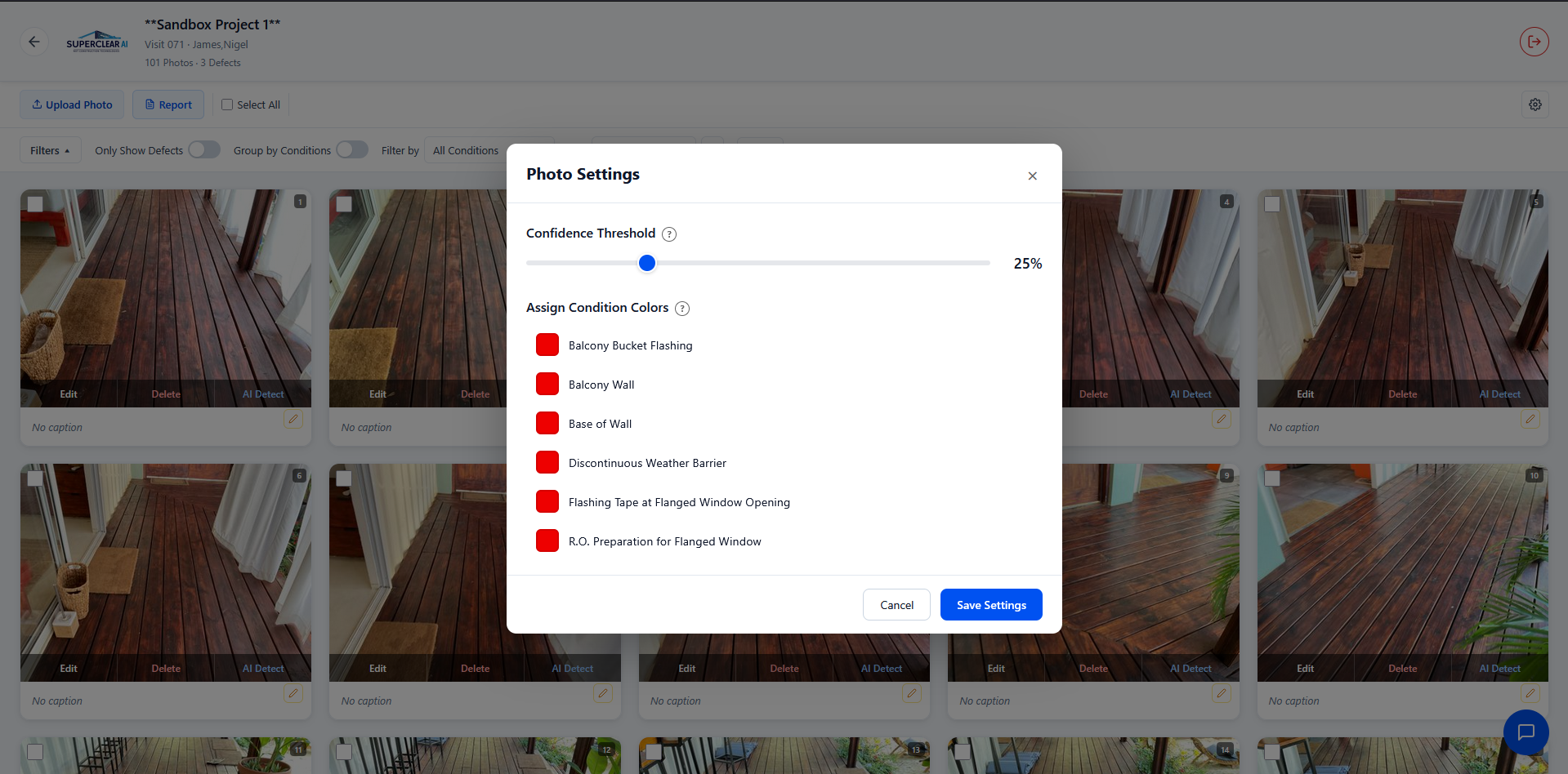 Photo Settings modal with Confidence Threshold slider at 25%