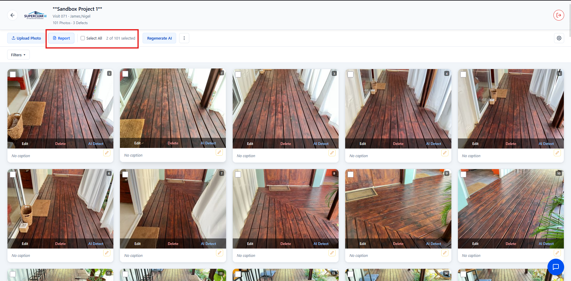 SuperClear AI Screen with photos selected and Report button highlighted