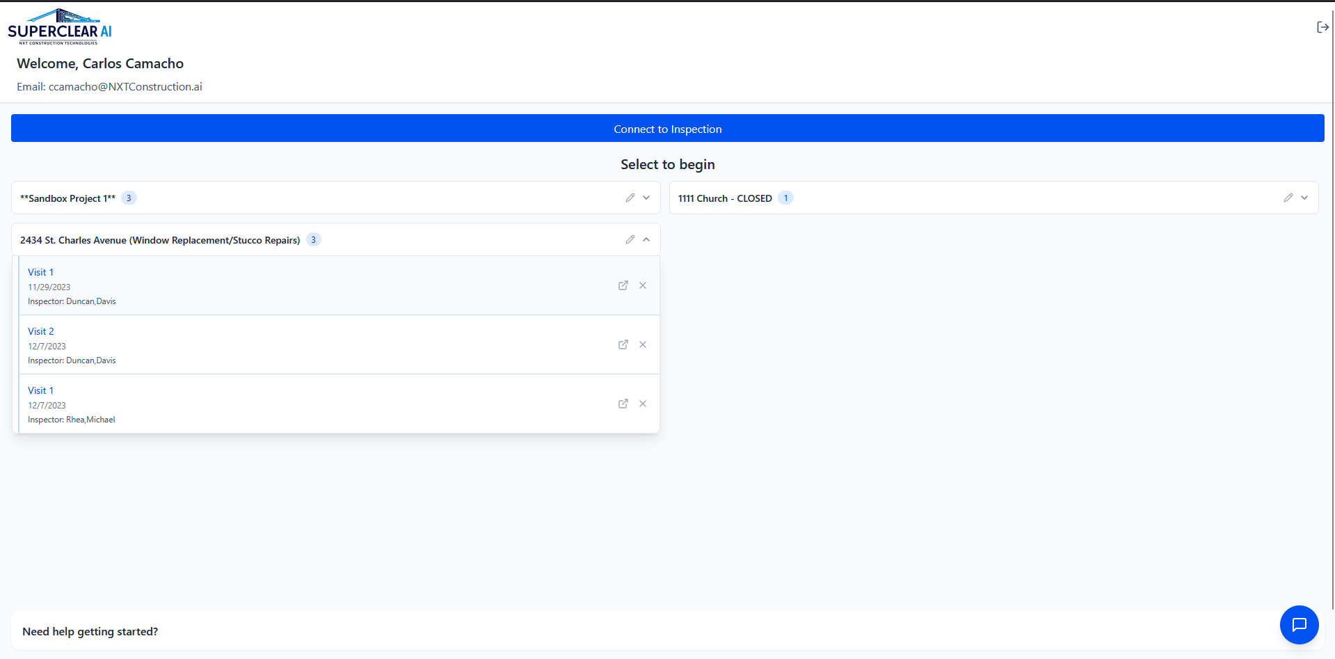 SuperClear AI dashboard with multiple project groups and inspection cards expanded