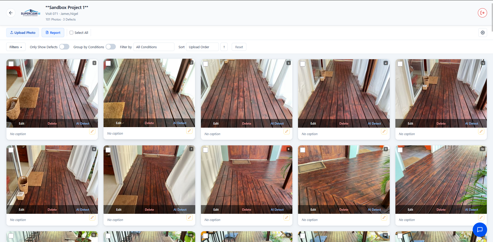 SuperClear AI Screen with toolbar, filters expanded, and photo grid with AI annotations