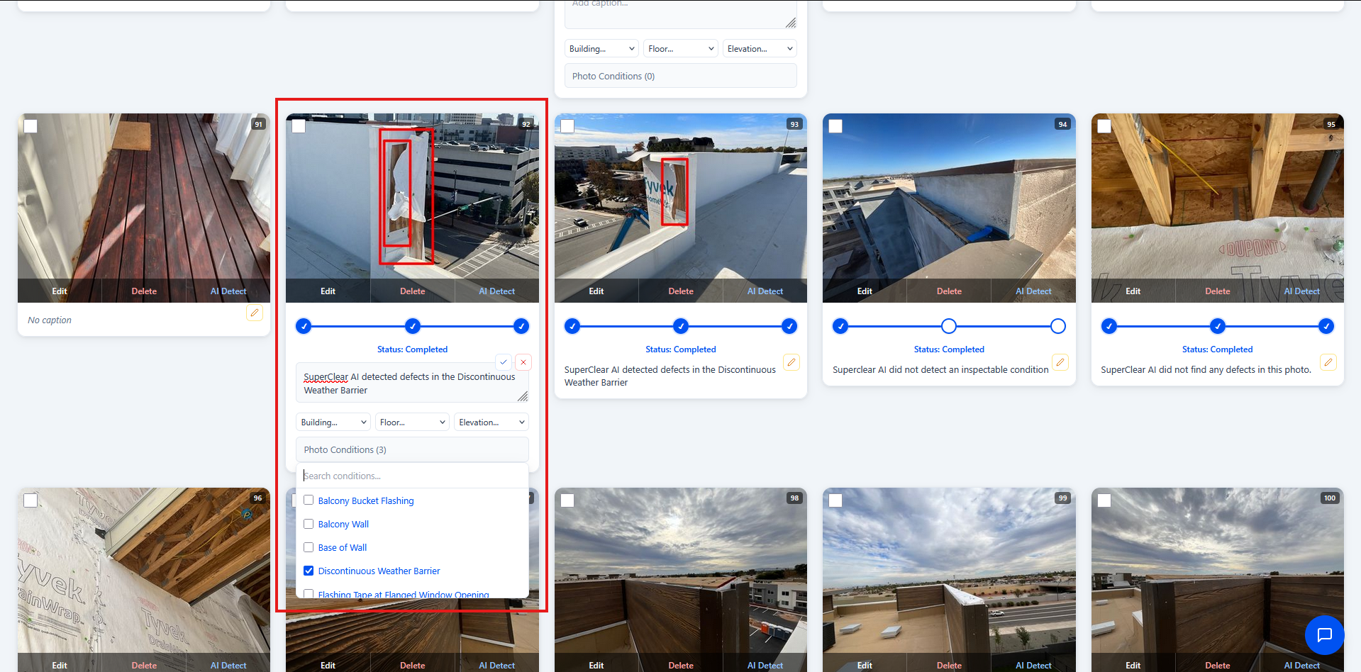 Photo card showing Photo Conditions dropdown with condition checkboxes