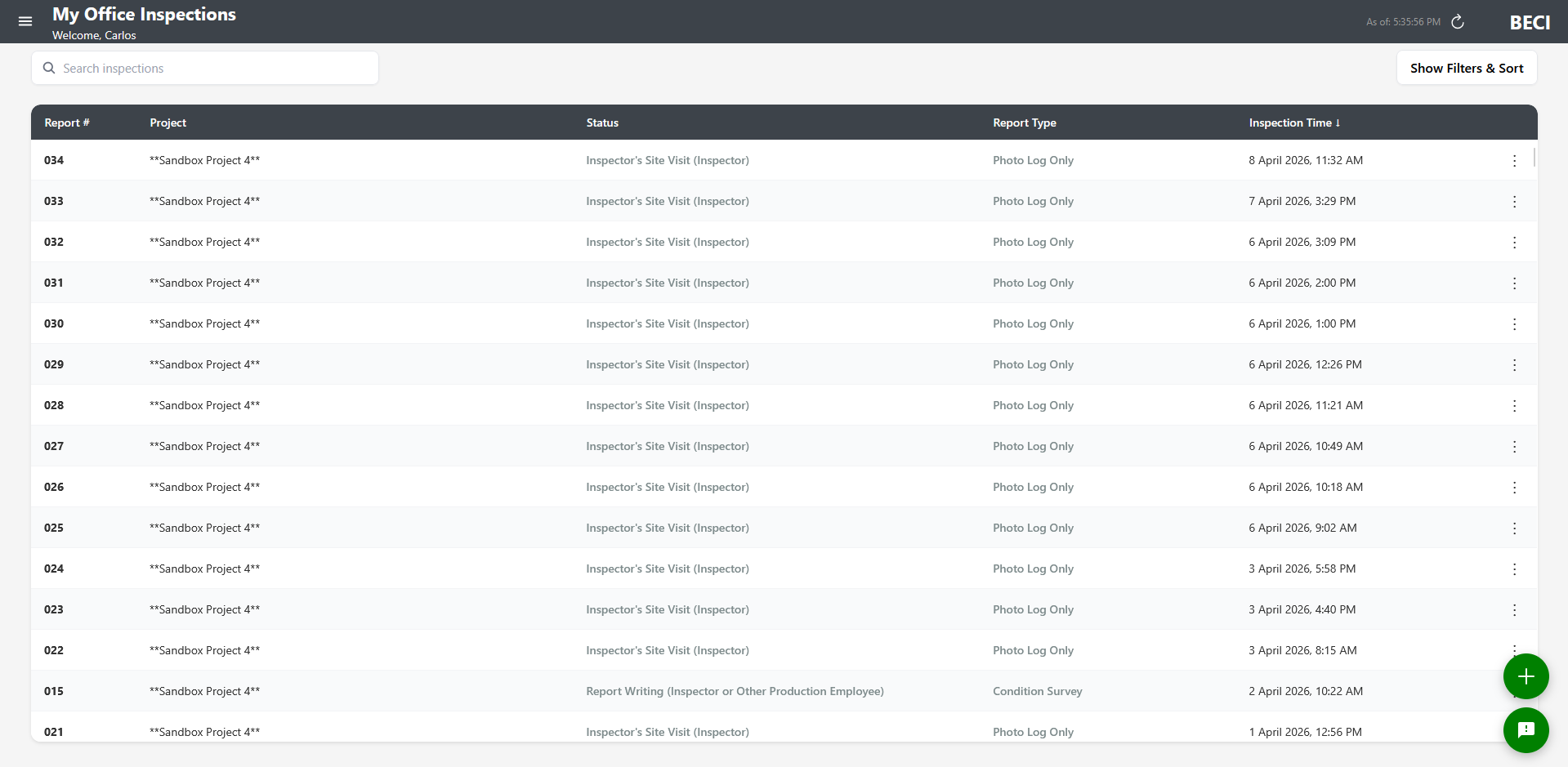 My Inspections screen showing the inspections list with Report, Project, Status, and Report Type columns