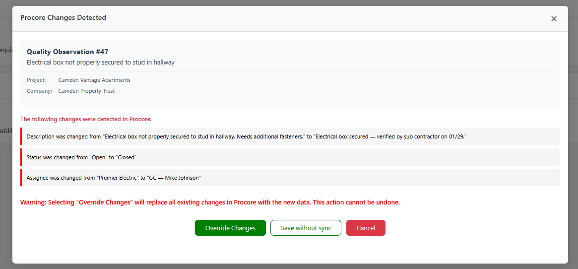 Procore Changes Detected modal with field-level changes and Override Changes, Save without sync, Cancel buttons