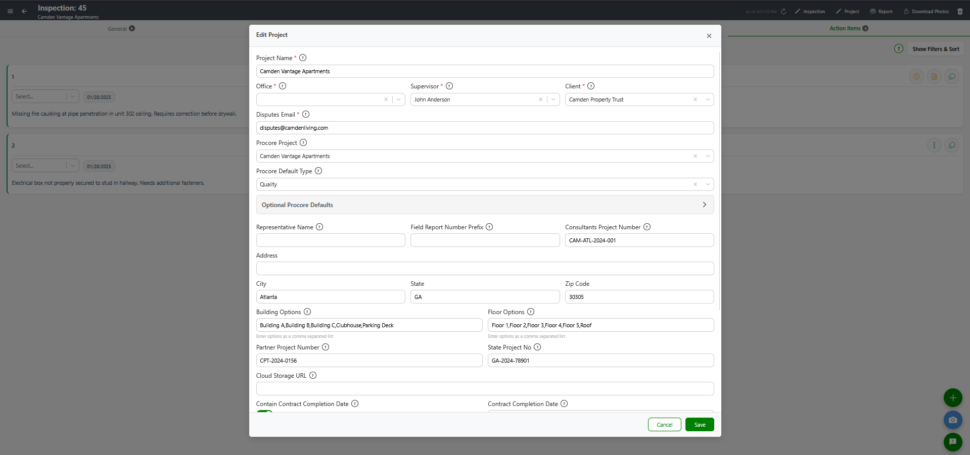 Edit Project modal showing Procore Project dropdown and Procore Default Type