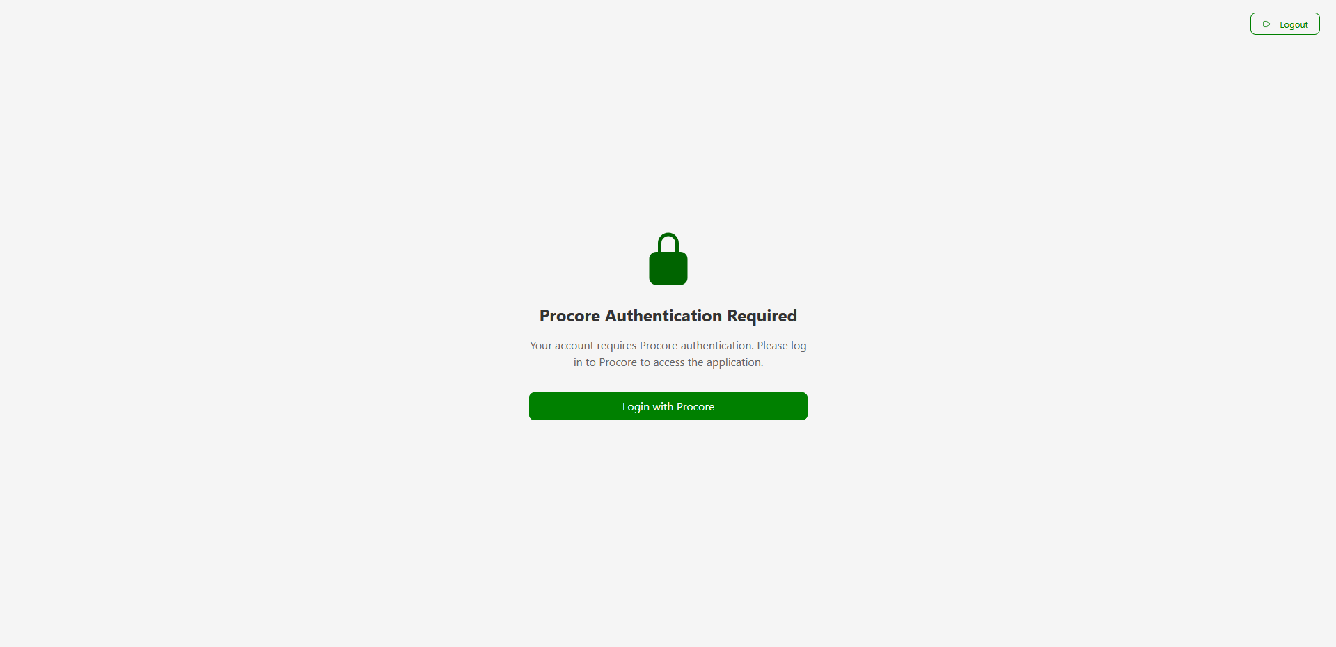 Procore Authentication Required screen with Login with Procore button