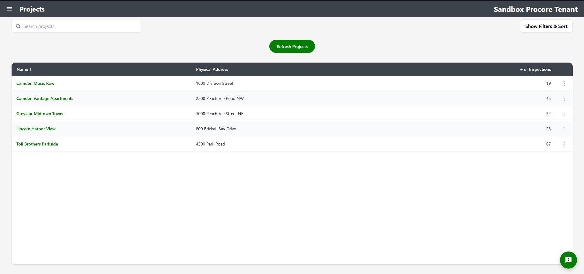Projects screen with Refresh Projects button