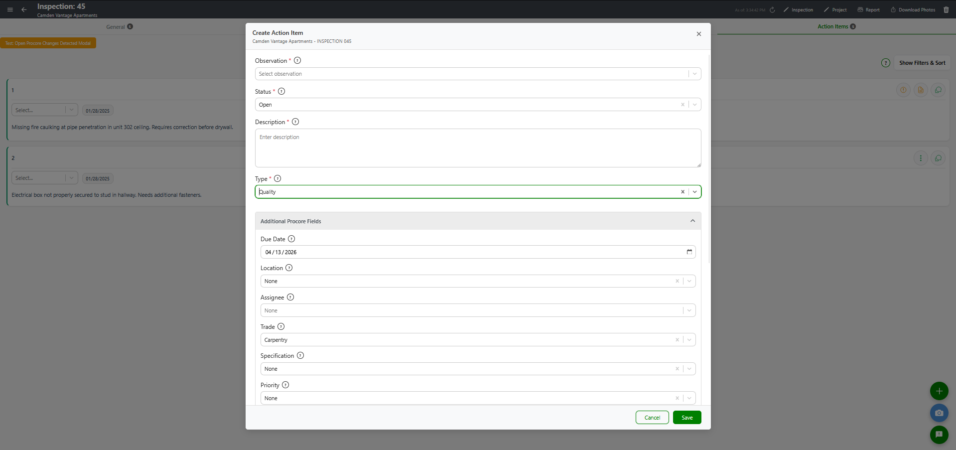 Add Action Item modal with Additional Procore Fields expanded