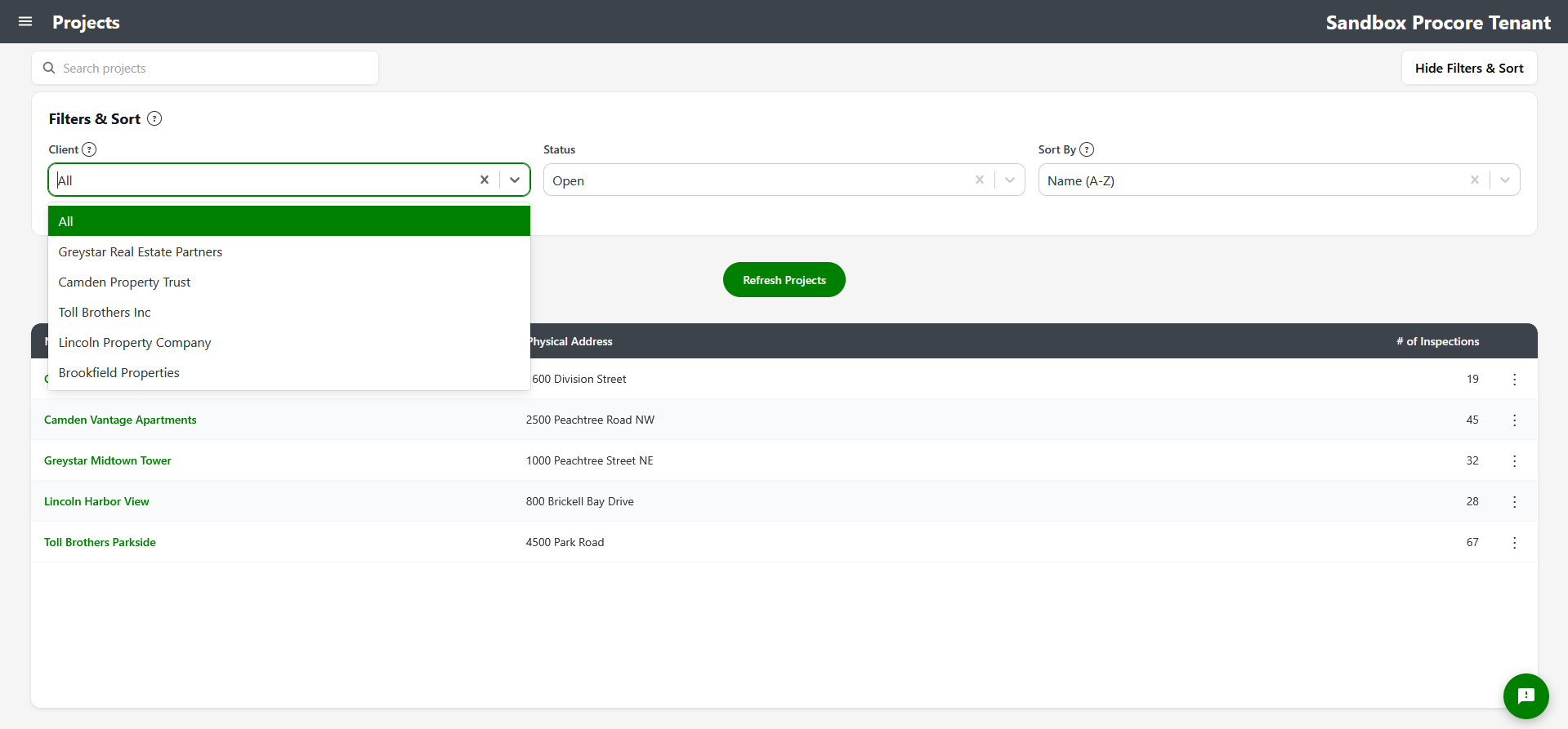 Projects screen with Client filter dropdown open