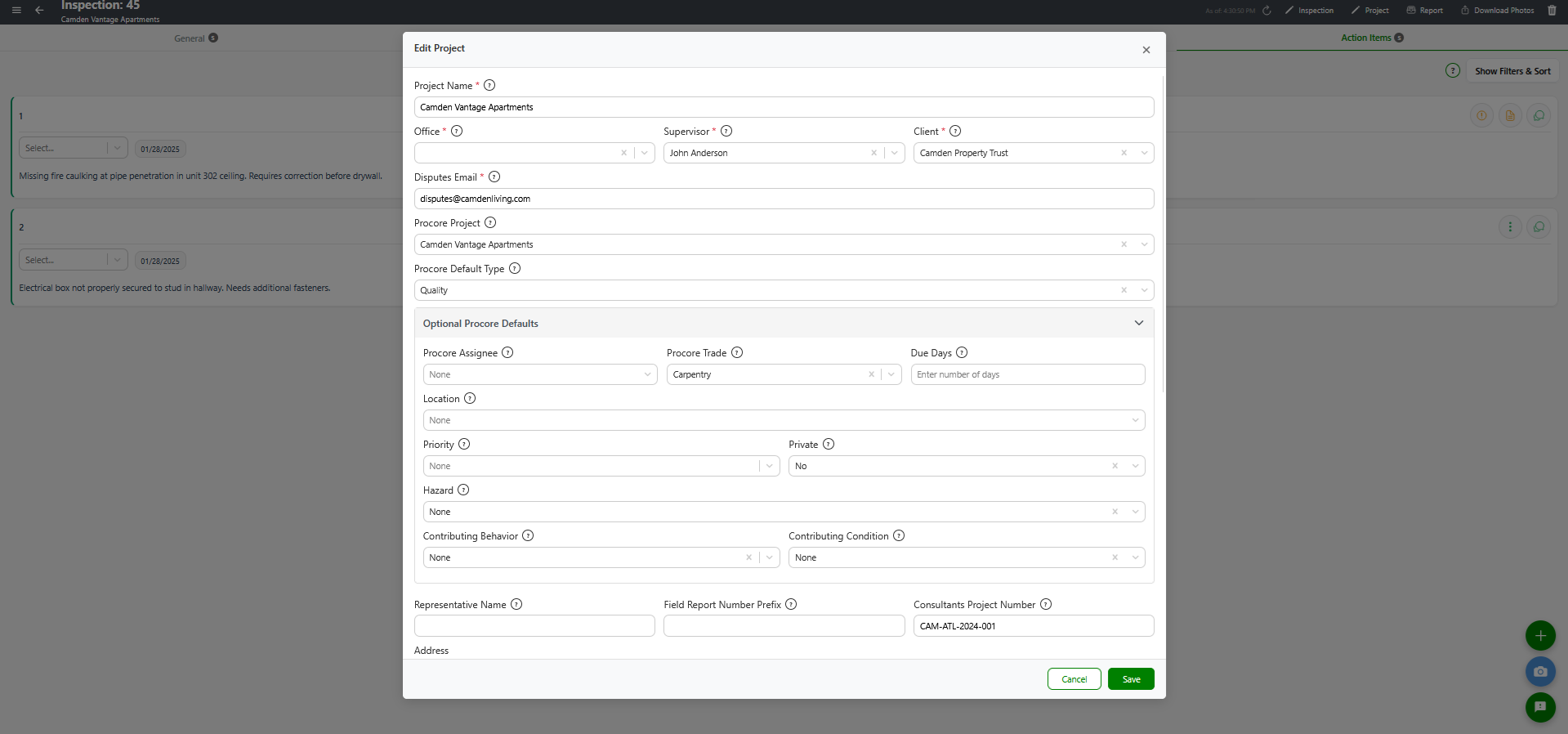 Edit Project modal with Optional Procore Defaults expanded showing all fields